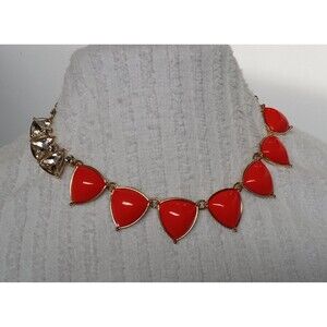 Coral Acrylic Cabachan and Rhinestone Accent Statement Necklace 14-18 in
